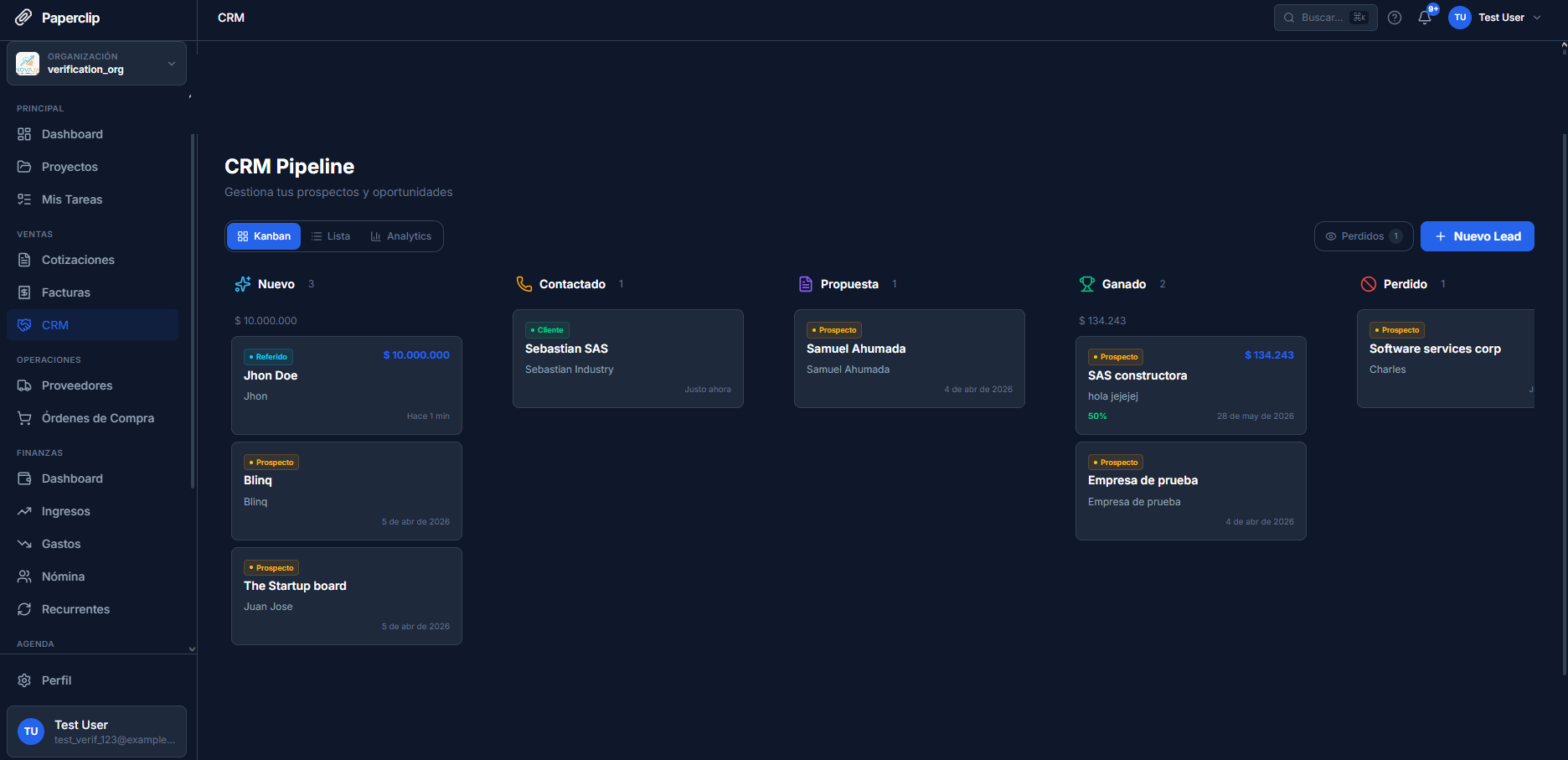 Pipeline de CRM de Paperclip con etapas Nuevo, Contactado, Propuesta, Ganado y Perdido.